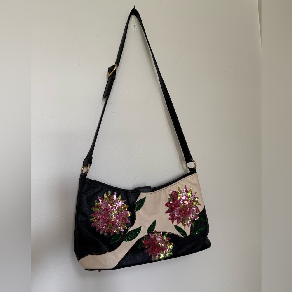 Black and Cream Marco Avane Leather Floral sequin and beads bag